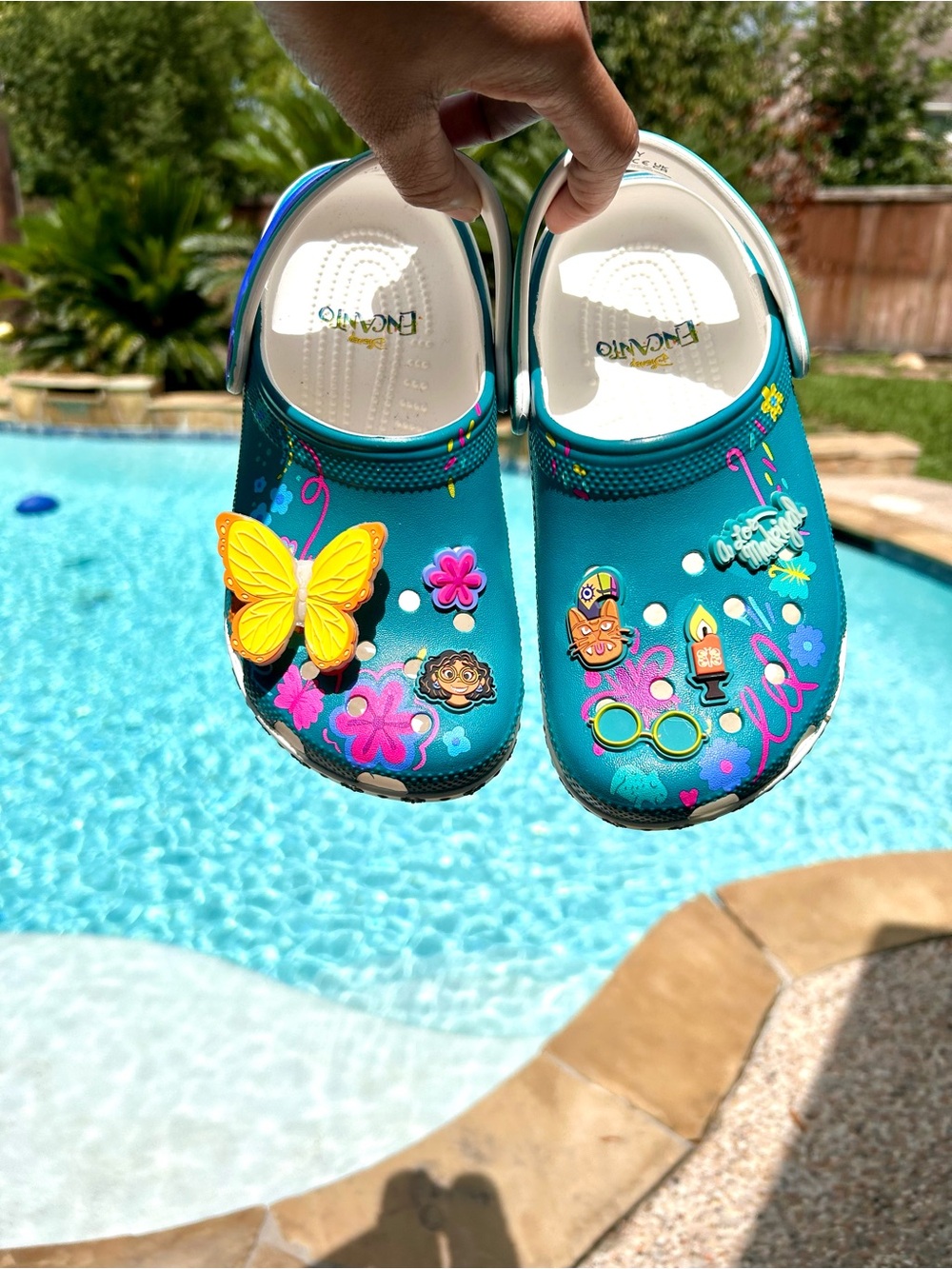 CROCS Kids Teal Water Clogs with Colorful Butterfly & Charm Accents